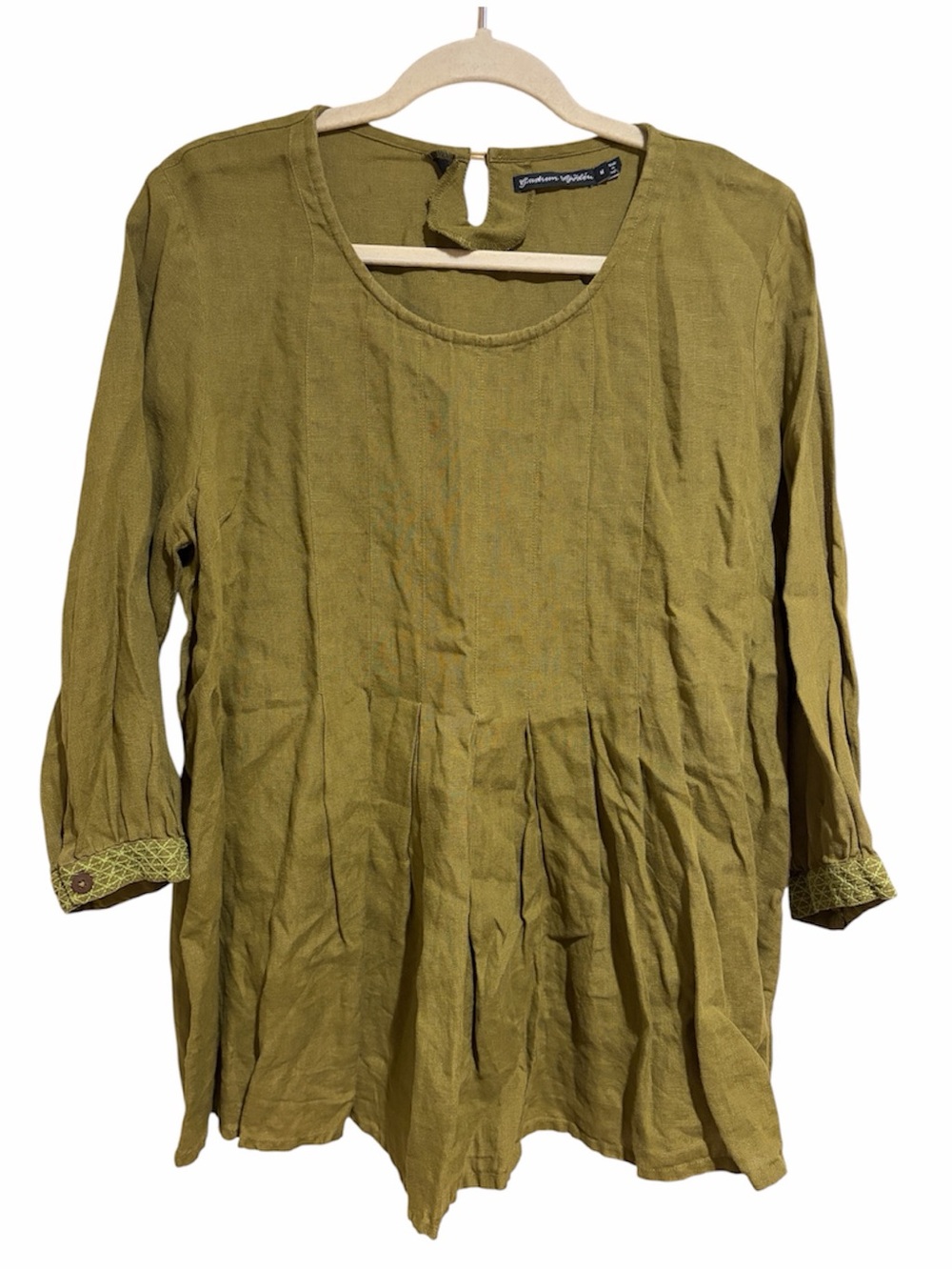 Gudrun Sjoden Green Pleated Long Sleeve Embroidered Tunic Top Lagenlook Medium